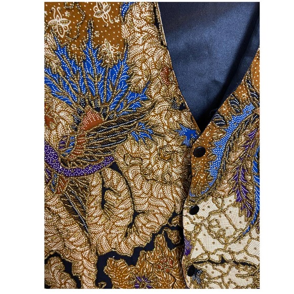 Vintage 80s Ann Tjian for Kenar Batik Beaded Phoenix Peacock Vest Mens Medium - Picture 5 of 5